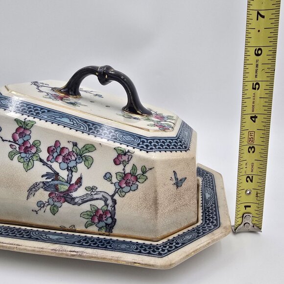 Vintage Ceramic Cheese Dish/ Butter Dish Floral Bird Design Blue Lined England - Picture 13 of 13